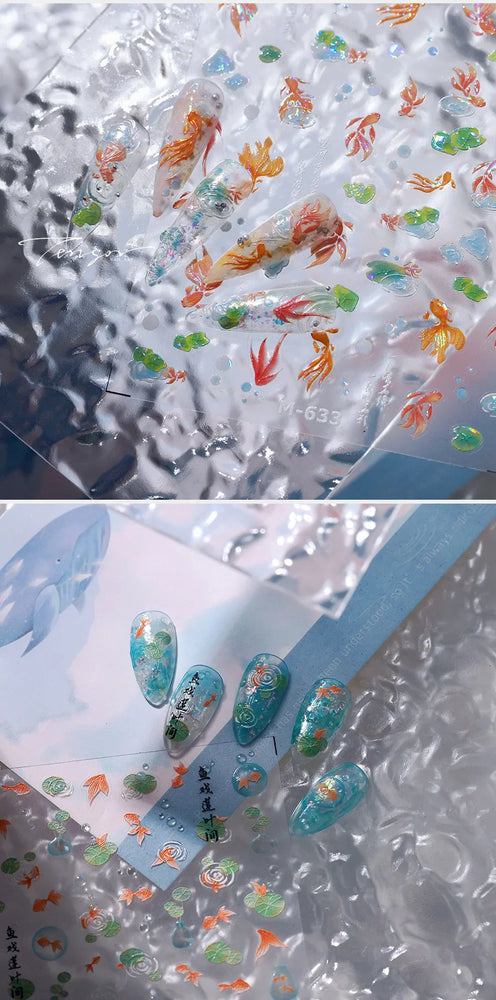 Lotus Leaf Brocaded Carp Koi Playing Goldfish Cavort Ripple Droplet Water Bubbles Self Adhesive Nail Art Stickers Manicure Decal (Online Order Only)