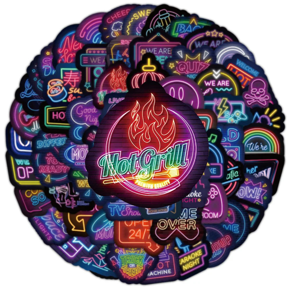 10/30/50/100pcs Cool Neon Light Cartoon Graffiti Stickers Decoration Laptop Fridge Diary Travel Luggage Stationery Sticker Toys (ONLINE ORDER ONLY)