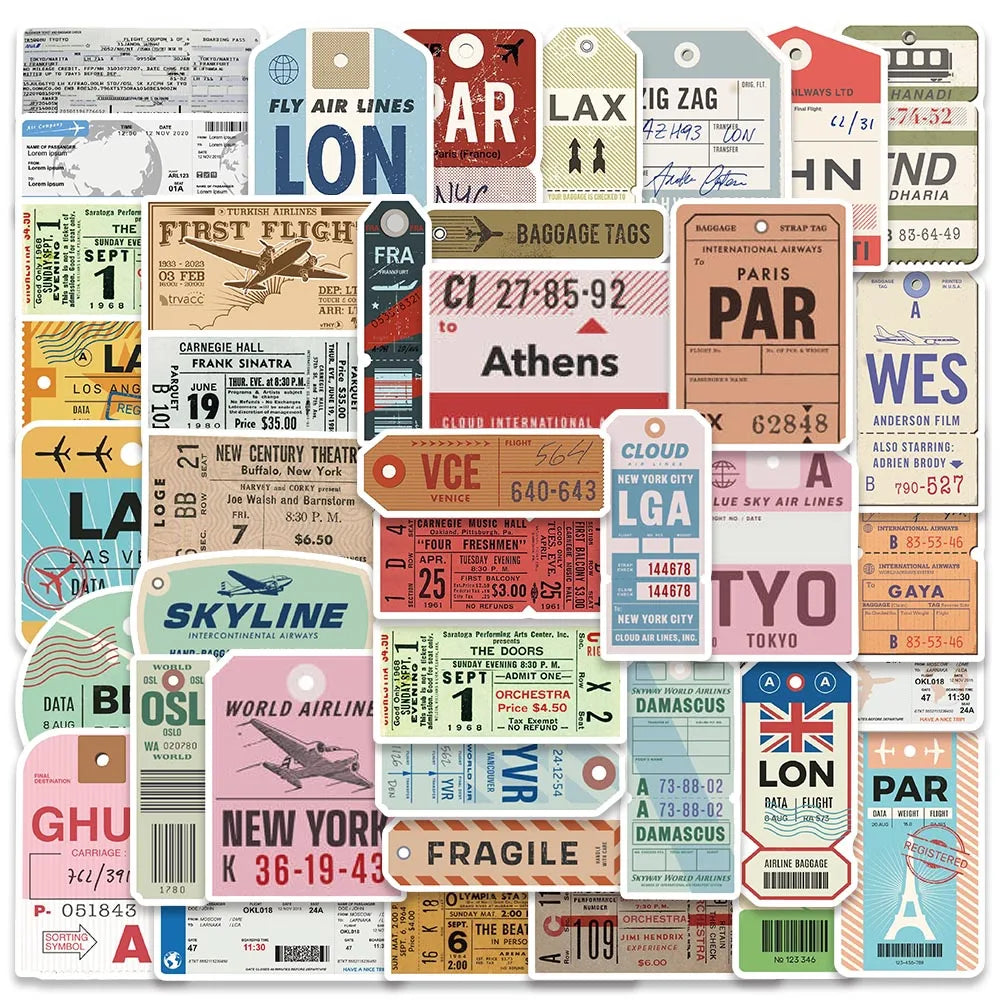 Vintage Travel Boarding Pass Sticker Set - Waterproof, Diary, Luggage, Helmet, Bottle (Online Order Only)