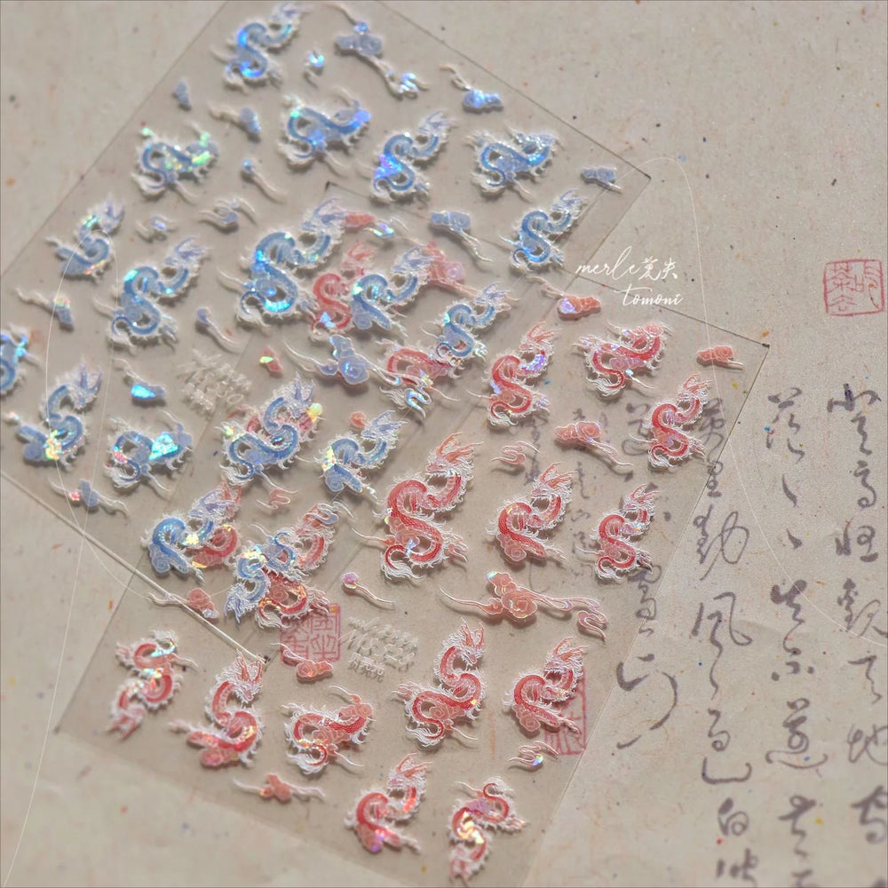 Chinese Dragon Auspicious Beast Mythological Legend Noble Loong Blue Pink Soft Relief Adhesive Nail Art Sticker Manicure Decals (ONLINE ORDER ONLY)