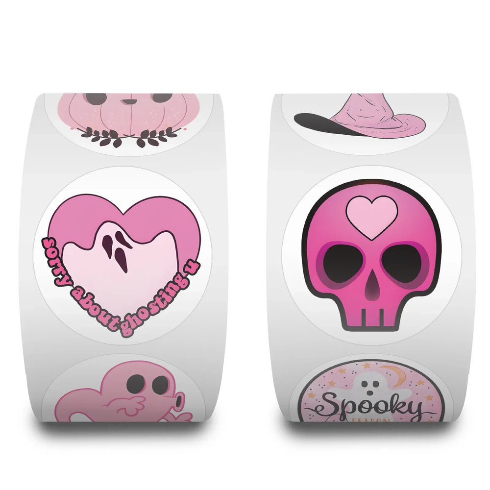 500pcs/Roll Pink Halloween Cartoon Sealing Sticker DIY PVC Laptop Decals Decoration Stiker Reward Gift Toys (ONLINE ORDER ONLY)