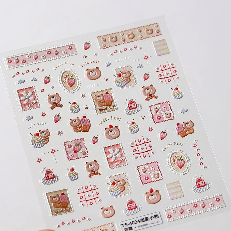 Sweet Dessert Cute Bear Cake Apple Flower Strawberry Jam Lace Line Bear Footprints Adhesive Nail Art Stickers Manicure Decals (ONLINE ORDER ONLY)