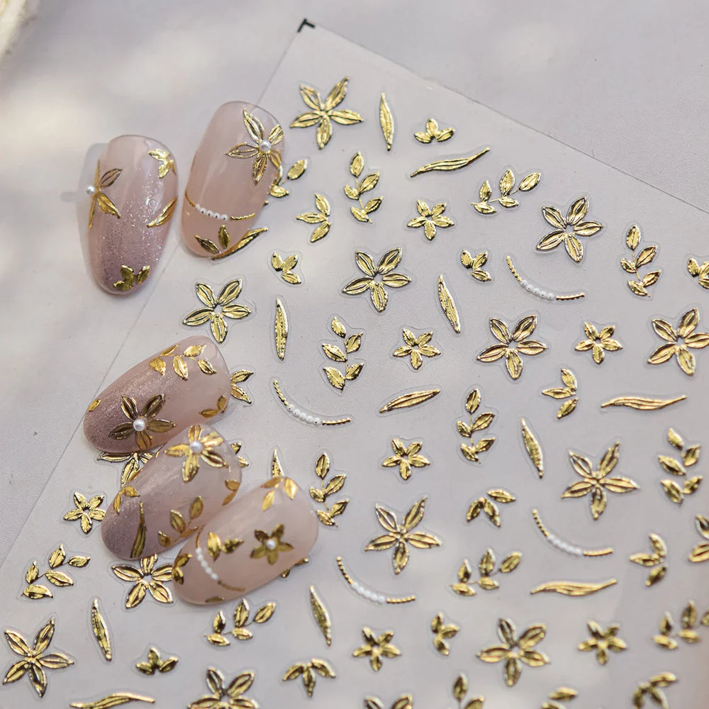 Gold Hot Stamping Flowers Leaves 3D 5D Pearl Bead Delicate Self Adhesive Nail Art Decorations Stickers Manicure Decals Wholesale (Online Order Only)