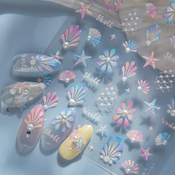 Marine Shell Starfish Ocean Elements Pearl Star Fishing Net Colourful Underwater Organisms 5D Nail Art Stickers Manicure Decals (Online Order Only)