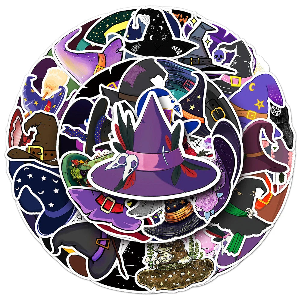 10/30/50pcs Cute Cartoon Magic Witch Hat Graffiti Stickers Laptop Skateboard Phone Waterproof Graffiti Decals Fun for Kid Gift (ONLINE ORDER ONLY)