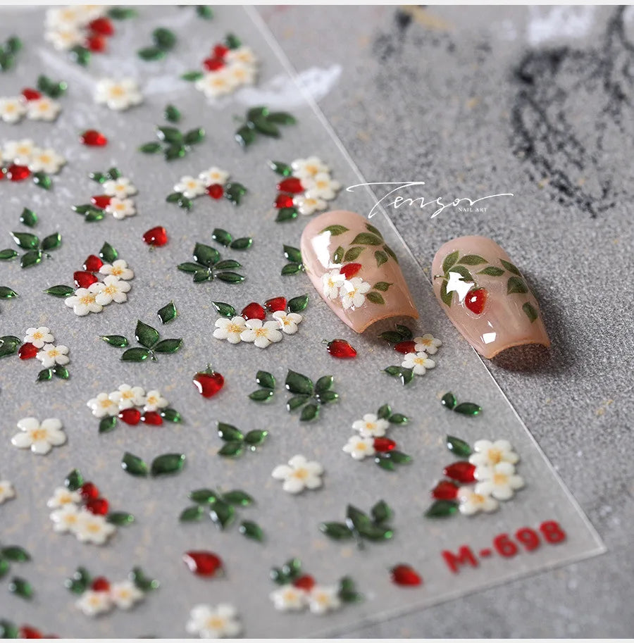 Delicate Chic White Flower Jelly Green Leaves Red Fruits Lily Gardenia Self Adhesive Nail Art Stickers Rhinestone Manicure Decal (Online Order Only)