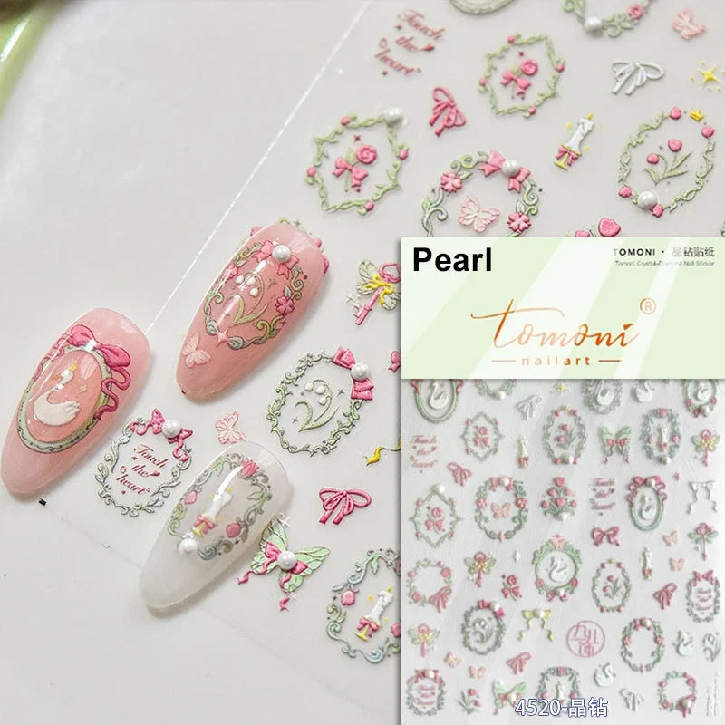 Romantic Candle Holder Lace Rambler Rose Pink Flower Bowknot Candlestick Ribbon Adhesive Nail Art Stickers Shiny Manicure Decals (ONLINE ORDER ONLY)