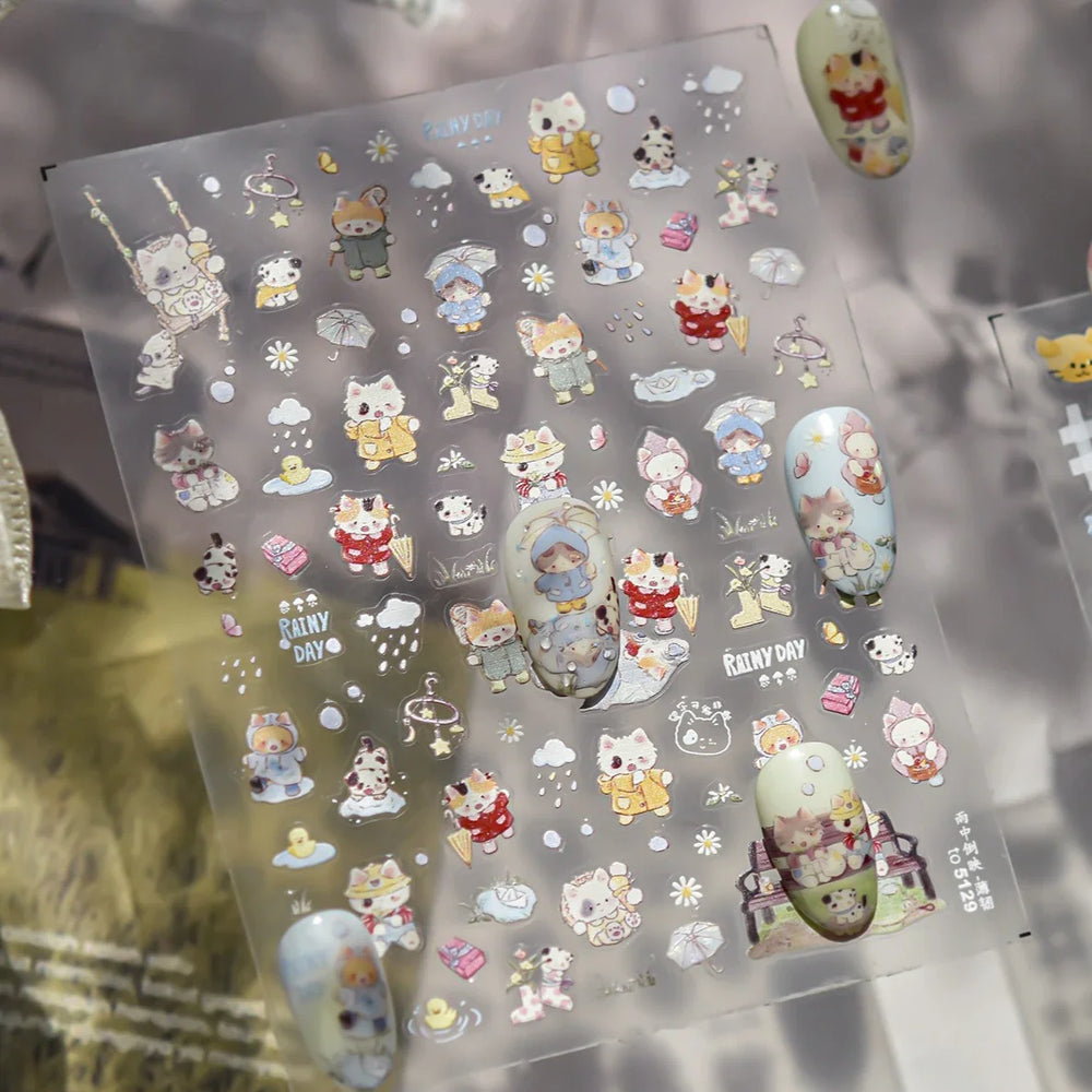 Cute Little Cat Colourful Flower Bowknot Umbrella Rain Boot Paintings Paper Boat Daisy Duckling Nail Art Sticker Manicure Decals (ONLINE ORDER ONLY)