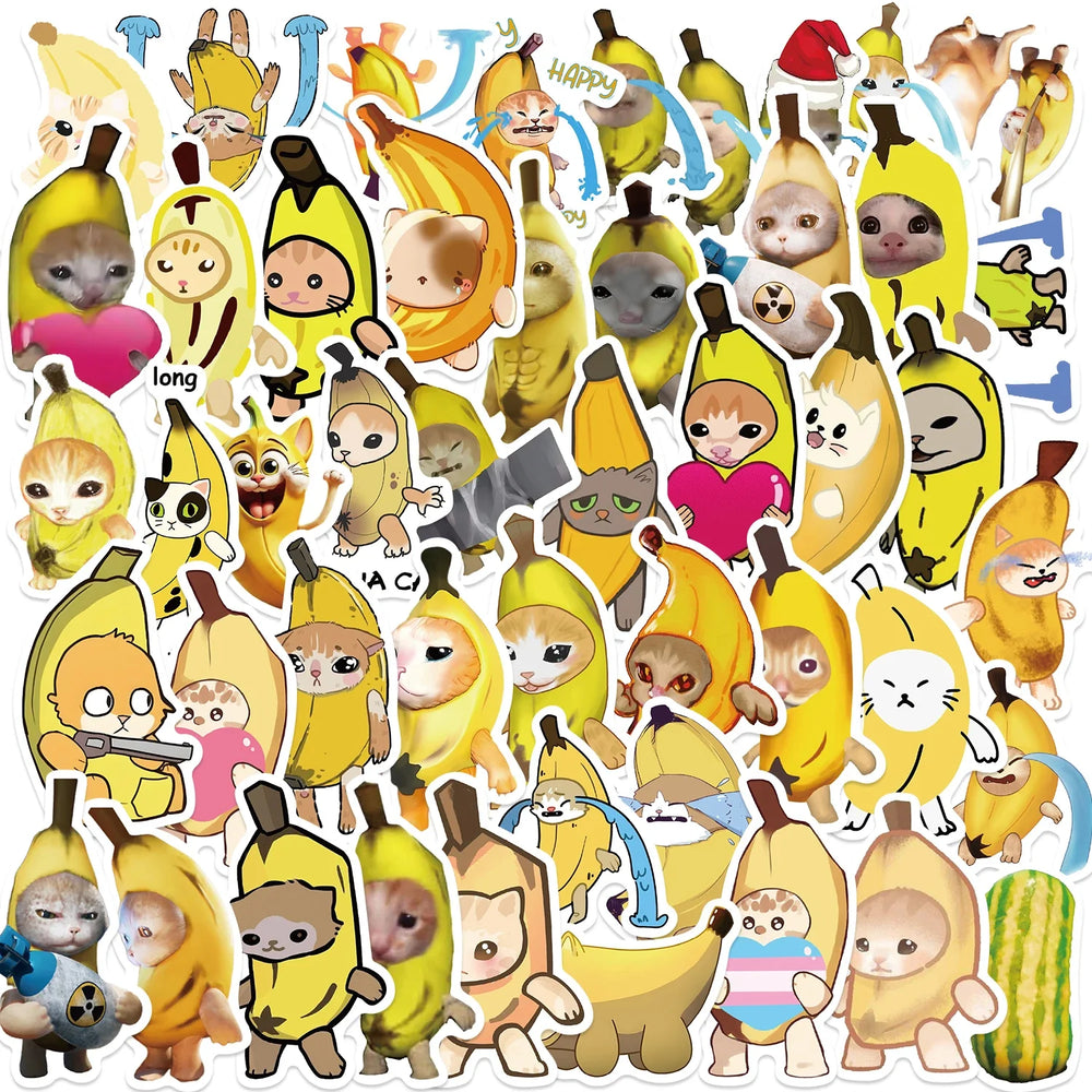 50Pcs  Banana Cat Cartoon Kawaii Sticker DIY Scrapbook Laptop Stationary Guitar Suitcase Sticker Cute Animal Decals Kids Toys﻿ (Online Order Only)