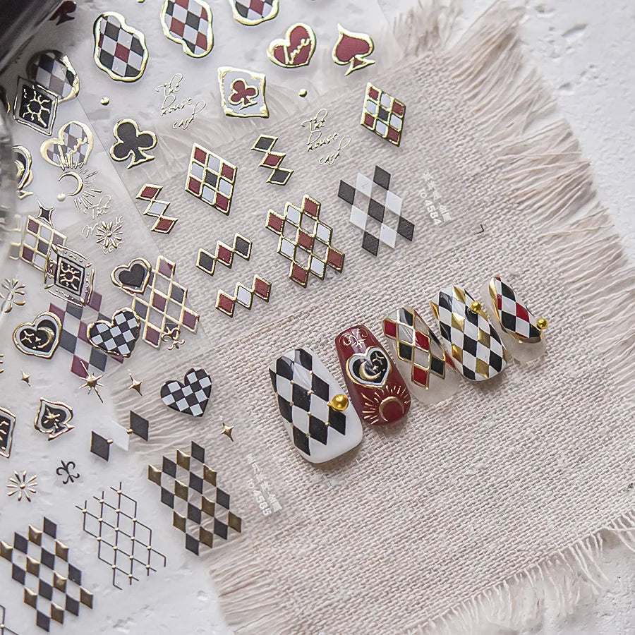 Poker Red Love Heart Square Grid Star Moon Card Pattern Spade Retro 3D Self Adhesive Nail Art Decoration Sticker Manicure Decals (Online Order Only)
