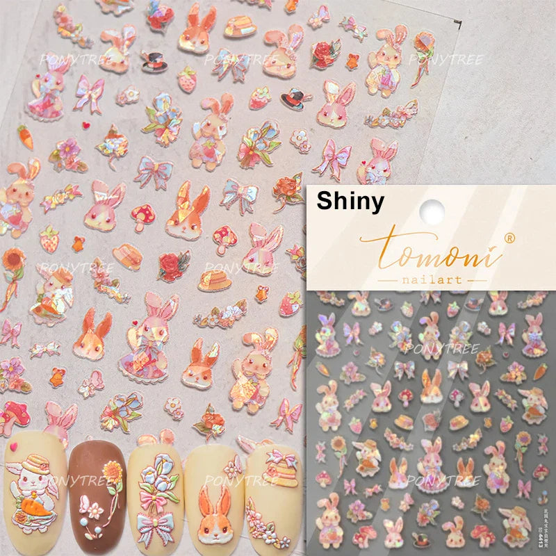 Rabbit Bunny Bear Flower Lace Bowknot Retro Frame Rose Self Adhesive Nail Art Decoration Stickers Chic Manicure Decals Wholesale (ONLINE ORDER ONLY)