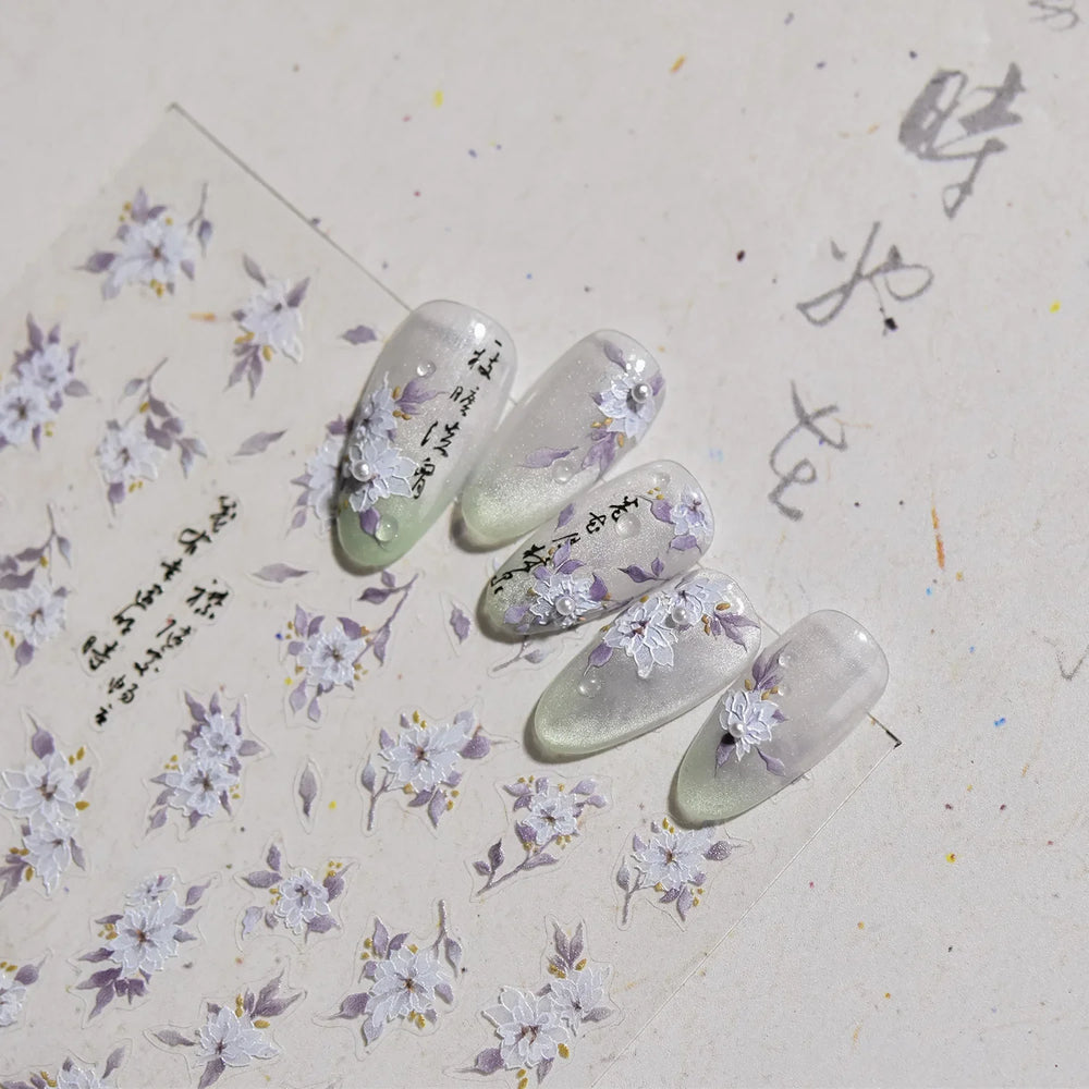 Trumpet Creeper White Flower Purple Leaves Antique Special Characters 5D Soft Relief Adhesive Nail Art Stickers Manicure Decals (ONLINE ORDER ONLY)