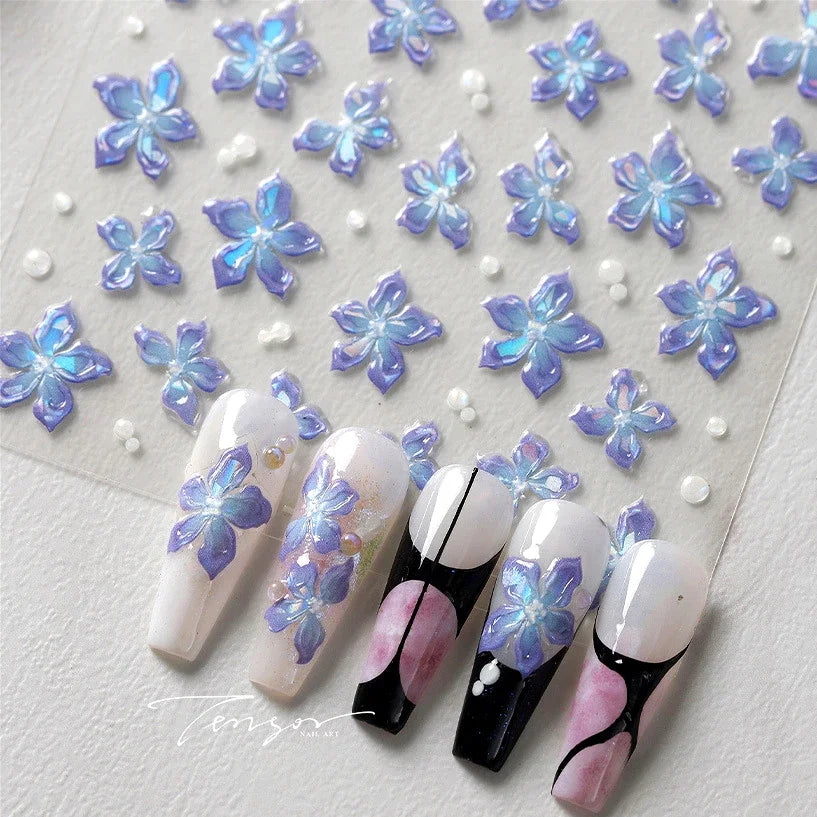 Charming Dreamy Shiny Jelly Blue Gradient Lily Flowers Rose Petal White Dot Chinese Colorful Nail Art Stickers Manicure Decals (ONLINE ORDER ONLY)