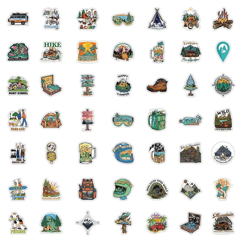10/30/50pcs Camping Hiking Stickers Outdoor Travel Stickers Waterproof Cars Skateboard Motorcycle Bike Cartoon Sticker Kids Toy (ONLINE ORDER ONLY)