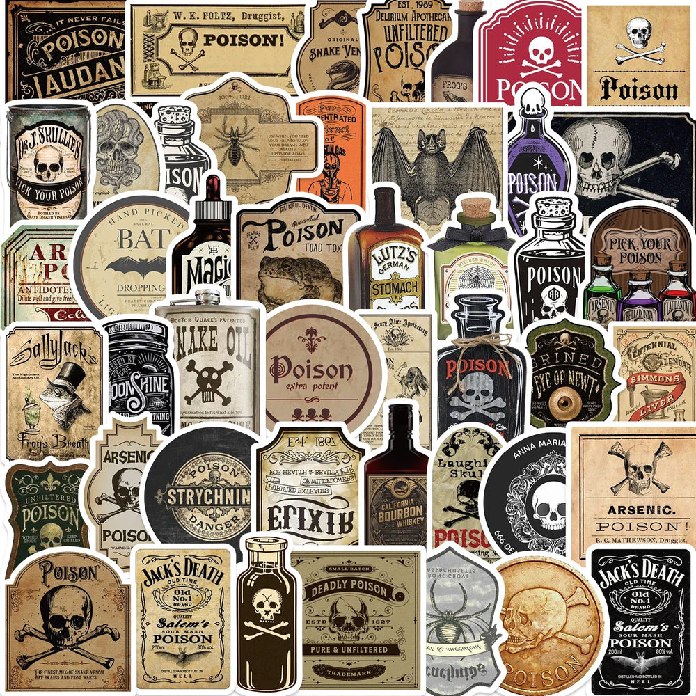 50pcs Retro Thriller Potion Stickers For Phone Case Helmet Scrapbook Skateboard Art Aesthetic Trendy Waterproof Sticker Decals (ONLINE ORDER ONLY)