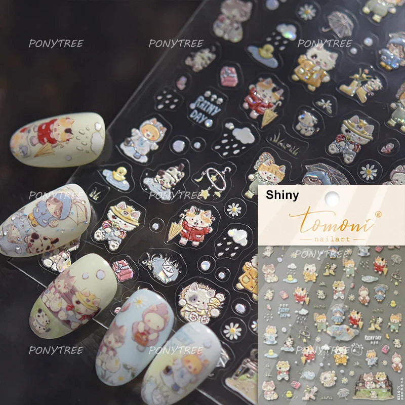 Cute Little Cat Colourful Flower Bowknot Umbrella Rain Boot Paintings Paper Boat Daisy Duckling Nail Art Sticker Manicure Decals (ONLINE ORDER ONLY)
