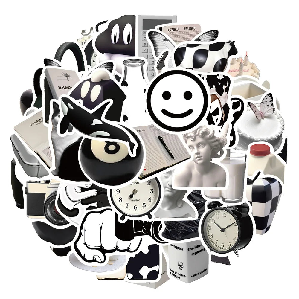 Cartoon Black & White Graffiti Stickers for Suitcase, Skateboard, Laptop, Luggage, Phone - 10/30/50Pcs (ONLINE ORDER ONLY)