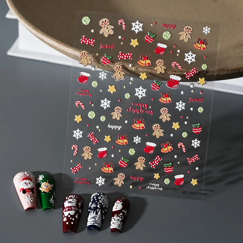 5D Embossed Gingerbread Man Nail Art Sticker Cute Christmas Winter Santa Claus Snowflake Elk Engraved Slider Manicure Decoration (ONLINE ORDER ONLY)