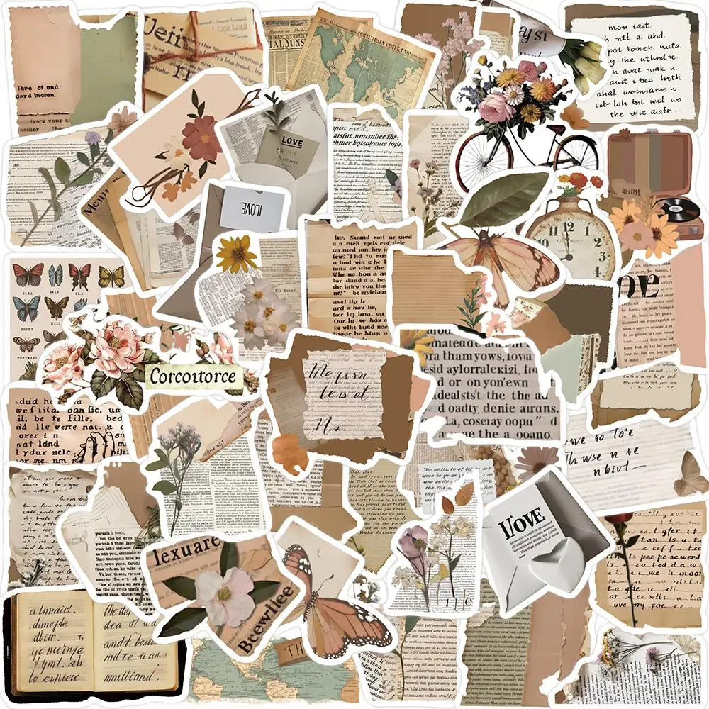 10/25/50pcs Retro English Fragmented  Stickers Decals Cartoon Graffiti DIY  Notebook Luggage Wall Decoration PVC Sticker (ONLINE ORDER ONLY)