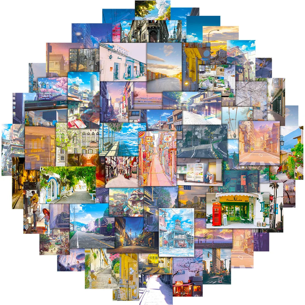 10/30/50PCS Cartoon View Street Landscape Stickers Aesthetic PVC Waterproof Decals Luggage Guitar Skateboard Sticker Decals Toys (ONLINE ORDER ONLY)