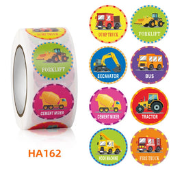 100-500Pcs 1inch Cartoon Car Aircraft Excavator Stickers Children's Toys Reward Learning English Label Stationery Gift Sticker (Online Order Only)