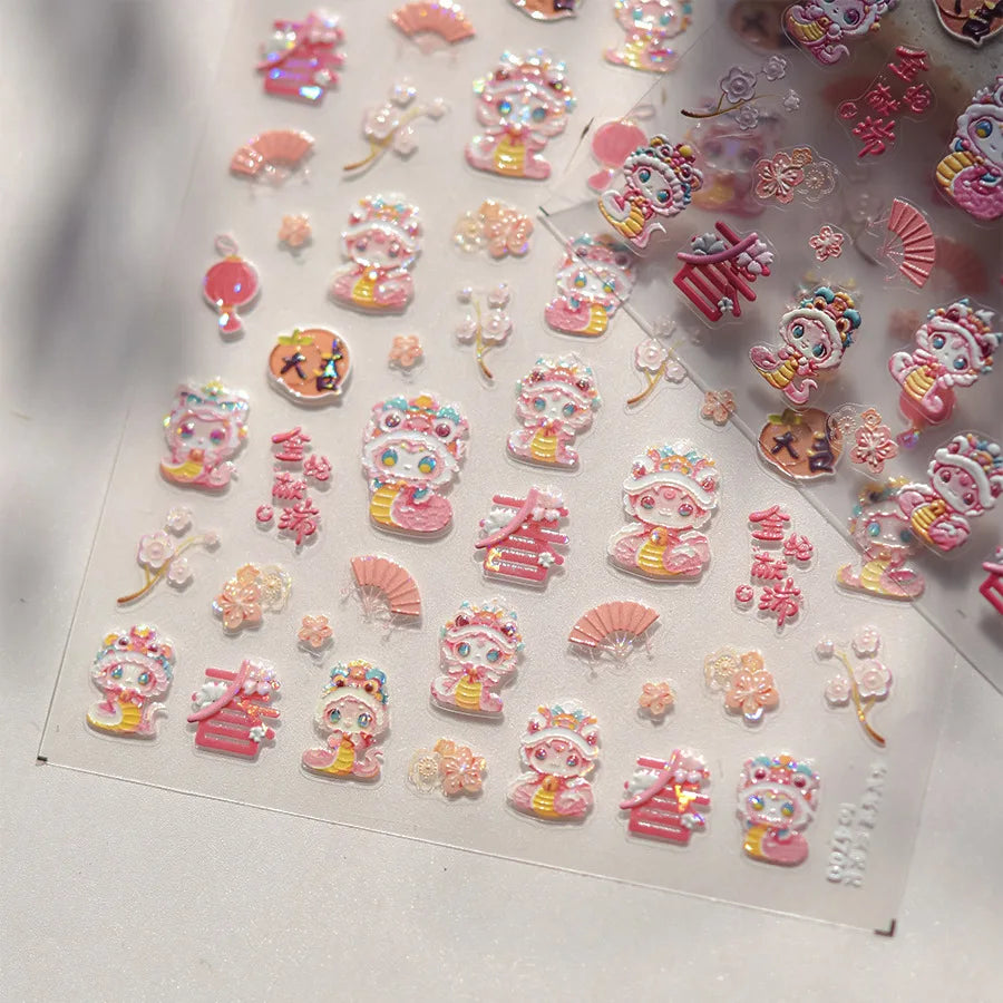 Auspicious Peach Blossom Snake Fan Flower The Spring Festival Tiger Head Adhesive Nail Art Stickers Red Lantern Manicure Decals (Online Order Only)