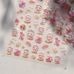 Auspicious Peach Blossom Snake Fan Flower The Spring Festival Tiger Head Adhesive Nail Art Stickers Red Lantern Manicure Decals (Online Order Only)