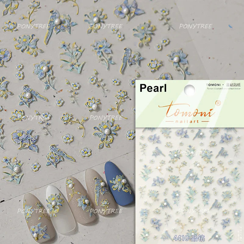Wet Garden White Flower Leaves Elegant Beautiful Petal Delicate 5D 3D Charming Spring Adhesive Nail Art Stickers Manicure Decals (ONLINE ORDER ONLY)