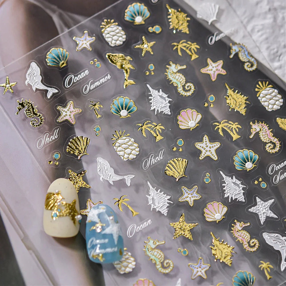 Hot Stamping Seahorse Dolphin Shell Conch Starfish Coconut Tree Jackfruit Water Bubbles Ocean Nail Art Stickers Manicure Decals (ONLINE ORDER ONLY)
