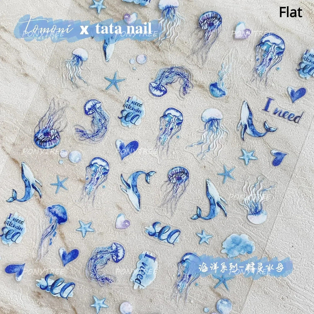 Jellyfish Schools of Fish Shoal Mermaid Tail Seahorse Dreamy Ocean Starfish Shell Coral Adhesive Nail Art Sticker Manicure Decal (ONLINE ORDER ONLY)