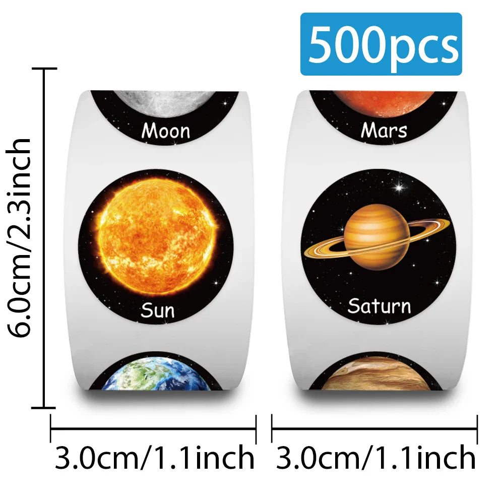 500pcs/roll Cute Cartoon Out Space Planets Stickers Kids Students Reward Decals Luggage Laptop Guitar Vinyl Decals (10 Patterns) (ONLINE ORDER ONLY)