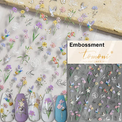 Gradient Coloredful Flower Petal Green Leaf Dreamy Shiny Chinese Rose Fantasy Relief Adhesive Nail Art Stickers Manicure Decals (Online Order Only)