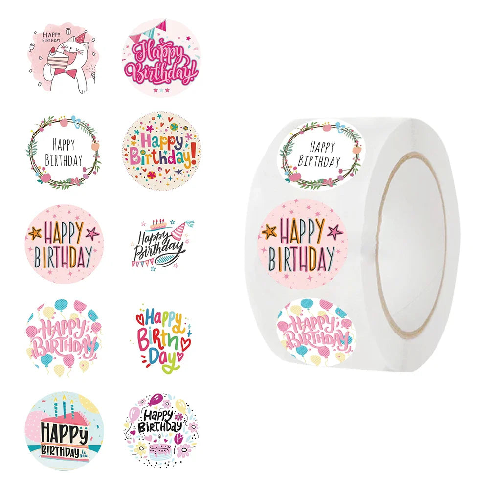 500pcs Round Labels Happy Birthday Sticker Candy Bag Flower Cake Boxes Gift Packaging Wedding Grateful Decorative Seal Stickers (ONLINE ORDER ONLY)
