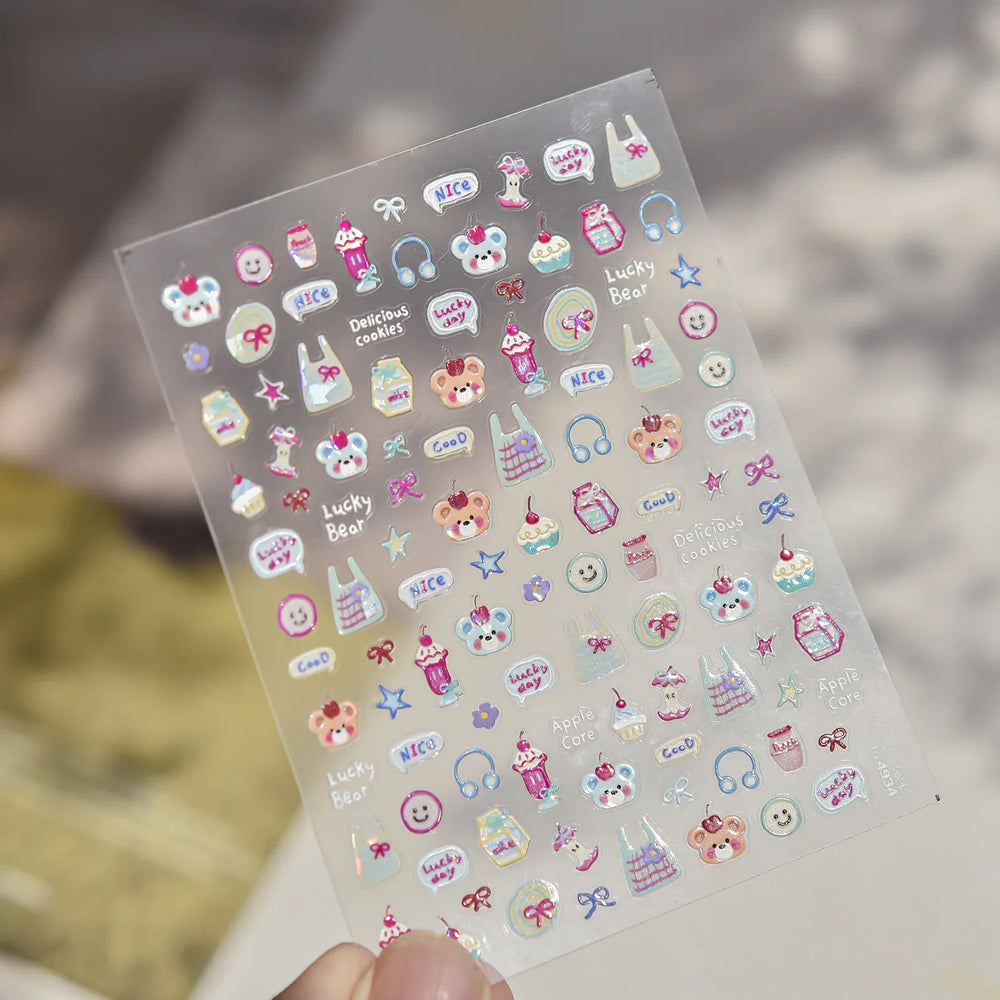 Cute Lucky Bear Apple Core Star Bowknot Flower Delicious Cookies Cherry Cake Dessert Milk Vase Adhesive Nail Art Stickers Decals (ONLINE ORDER ONLY)