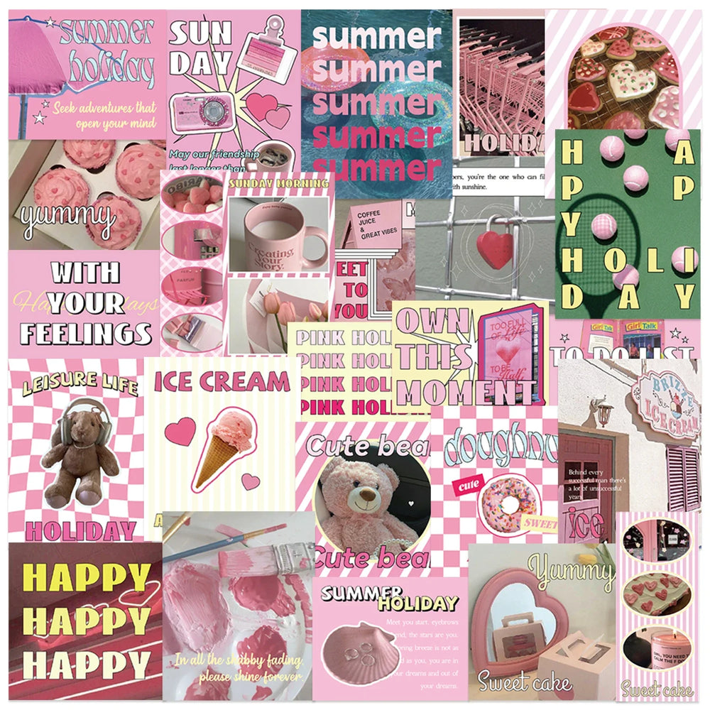 30Pcs Pink Holiday Stickers Aesthetic Art PVC Decals Scrapbooking Label Diary Stationery Computer Refrigerator (ONLINE ORDER ONLY)