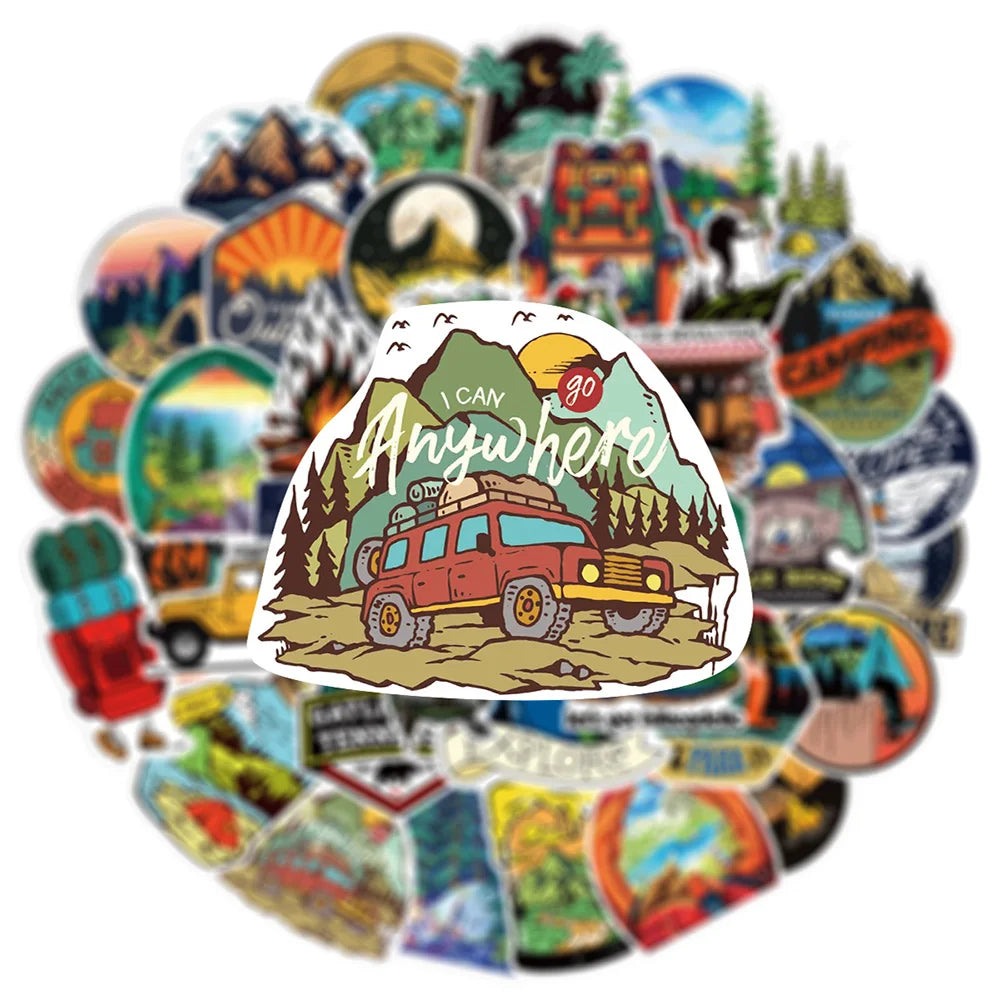 10/30/50/100pcs Outdoor Hiking Camping Stickers Cartoon Decal Skateboard Phone Laptop Car Luggage Bike Cool Waterproof Sticker (Online Order Only)