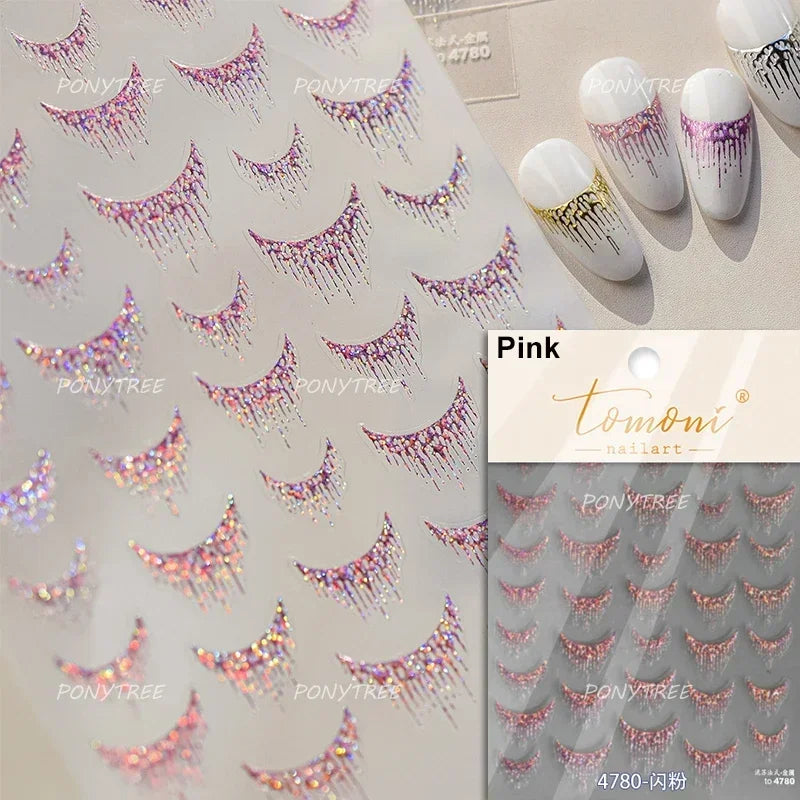 French Romantic Tassel Crescent Moon Laser Charming Gold Silver Arc Self Adhesive Nail Art Stickers Hot Stamping Manicure Decals (Online Order Only)