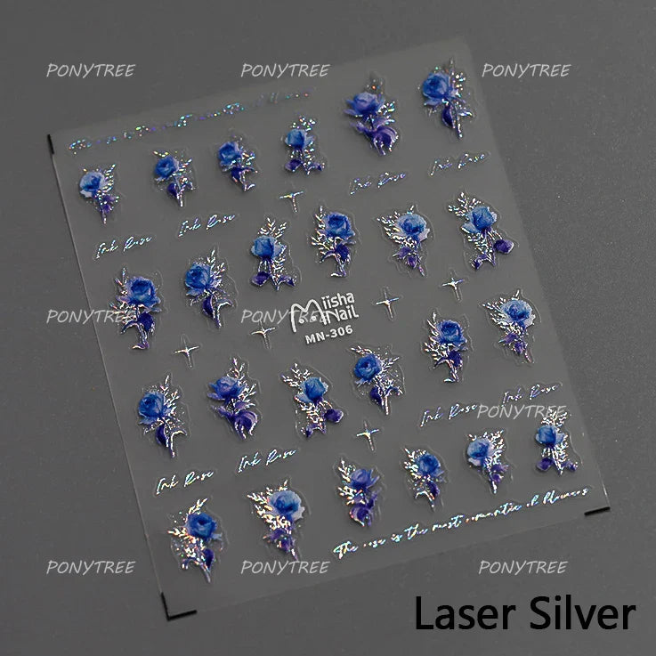 Watercolor Style Rose Flower Colored Rosa Chinensis 3D 5D Flat Reliefs Charming Self Adhesive Nail Art Stickers Manicure Decals (ONLINE ORDER ONLY)