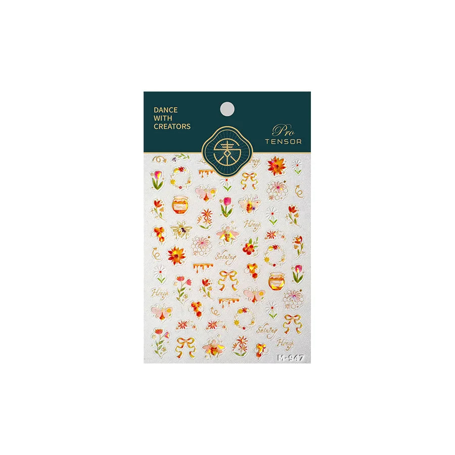 Vivid Honey Bee Ribbon Bowknot Pot Daisy Wreath Flower Shining Tulip Honeycomb Jar Self Adhesive Nail Art Sticker Manicure Decal (ONLINE ORDER ONLY)