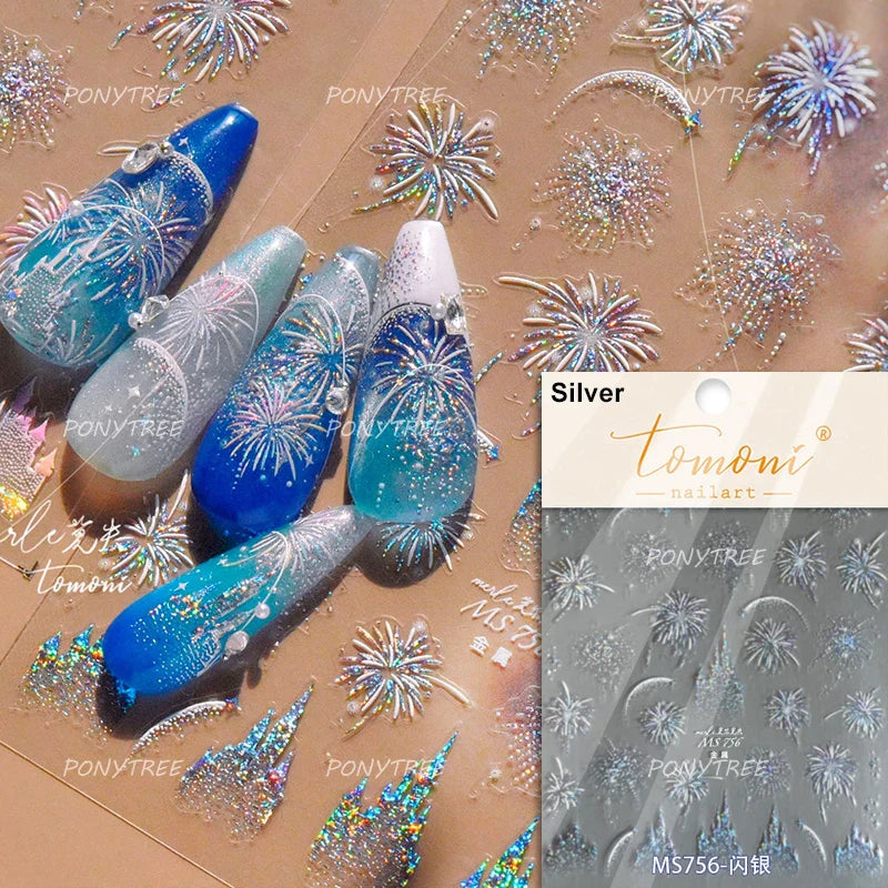 Colorful Fireworks Blooming Castle Romantic Brilliant Sky Self Adhesive Nail Art Stickers Star Shiny Rhinestone Manicure Decals (Online Order Only)