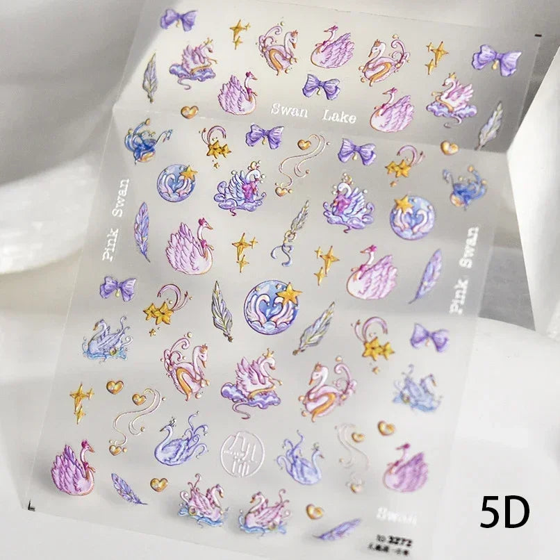 Charming Red Rose Phoenix Flower Wing Leaves Flower Feather Pearl Relief Embossed 5D Adhesive Nail Art Stickers Manicure Decals (ONLINE ORDER ONLY)