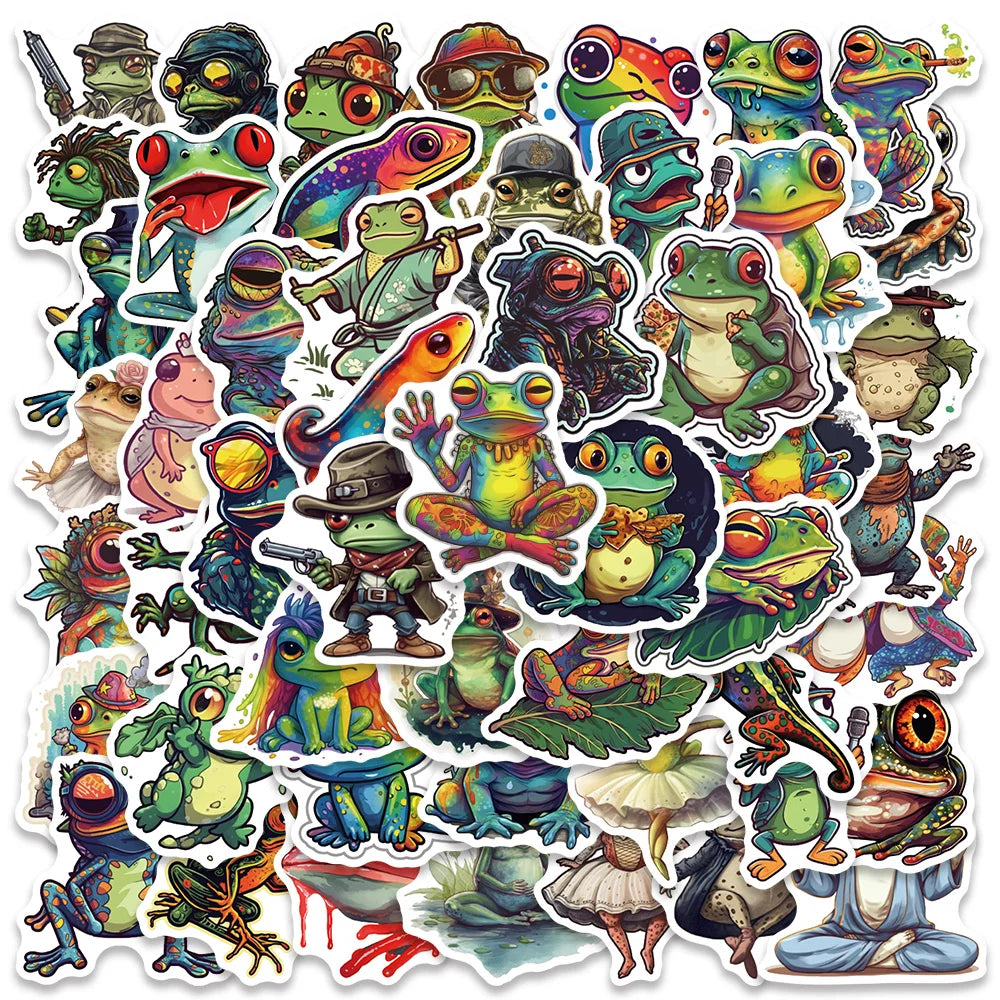 50pcs Funny Colorful Cartoon Trippy Frogs Stickers Vinyl Laptop Phone Decals Guitar Luggage Diary Car Waterproof Graffiti (ONLINE ORDER ONLY)