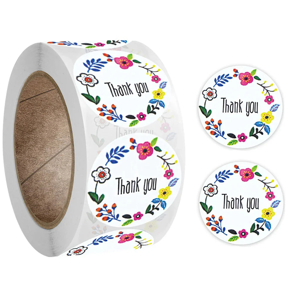 500pcs/roll Flowers Thank You Sticker Labels Round Reward Stickers Wedding Party Decor Envelope Seals Stickers Stationery (Online Order Only)