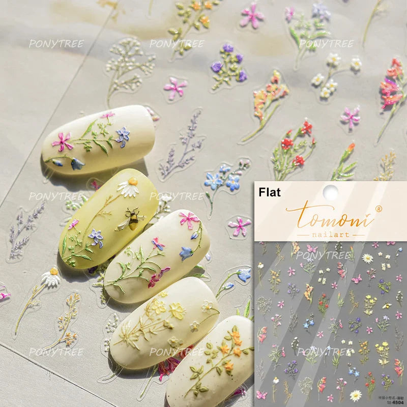 Mountain Daisy Wild Flower Mini Green Leaves White Petal Romantic Embossed Reliefs Adhesive Nail Art Stickers Manicure Decals (ONLINE ORDER ONLY)