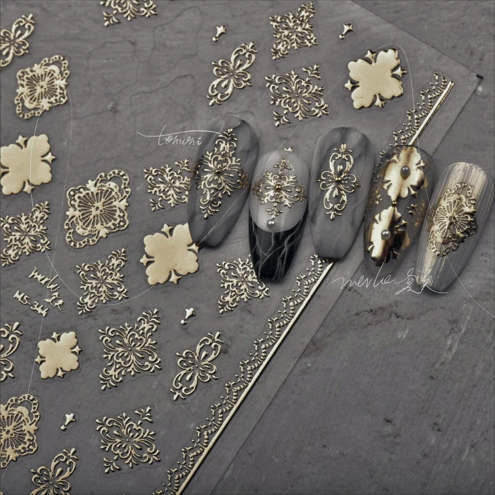 Gold Stamped Silver Totems Geometric Patterns Figure 5D Self Adhesive Nail Art Stickers Stars Bohemia Manicure Decals Wholesale (Online Order Only)