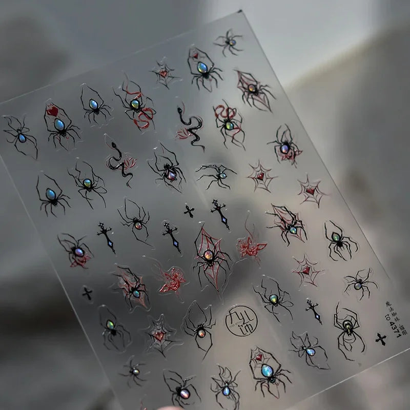 Cat Eye Halloween Terror Spider Cross Rose Love Heart Flower Snake Web Candy Bunny Thrilling Nail Art Stickers Manicure Decals (Online Order Only)
