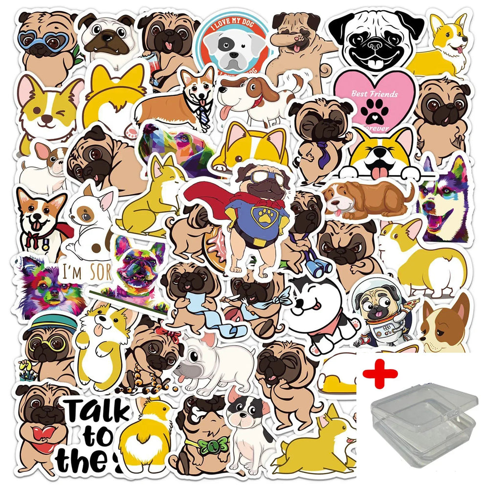 50pcs Cartoon Dog Stickers for Helmet, Wall, DIY Decoration with Storage Box (Online Order Only)