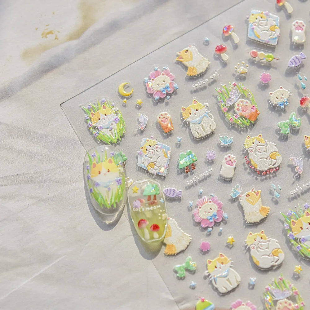 Picnic Cat Kitten Bowknot Flower Fish Butterfly Tree Mushroom Star Moon Cat's Paw Adhesive Nail Art Sticker Cute Manicure Decals (Online Order Only)