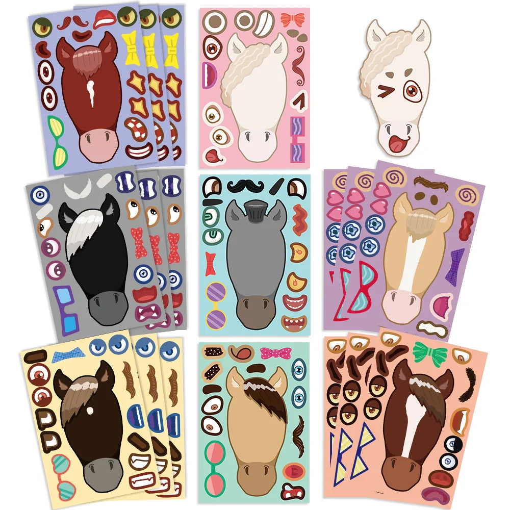 8/16/32pcs Cartoon Pony Head Make A Face Puzzle Stickers Kids Funny Animals Sticker DIY Children Jigsaw Education Toys (ONLINE ORDER ONLY)