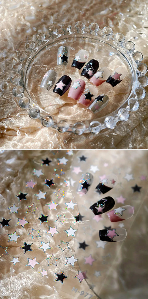Punk Star Shiny Laser Five-pointed Star White Black Pink Hollow Out Delicate Sparkle Adhesive Nail Art Stickers Manicure Decals (ONLINE ORDER ONLY)
